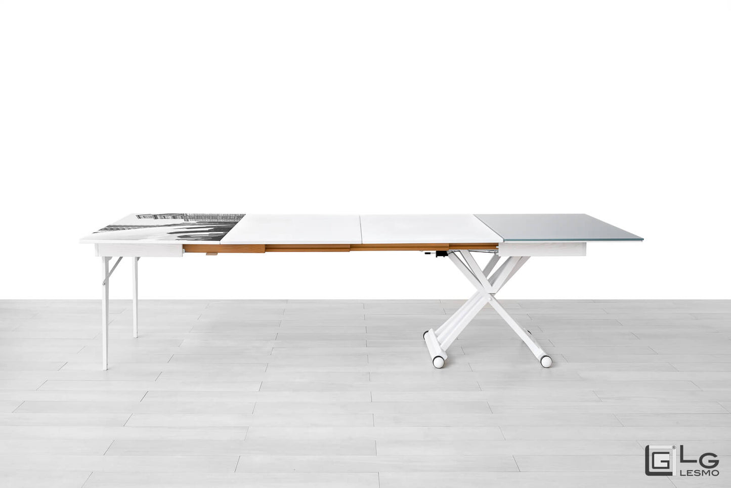 TAVOLINO ESTENSIBILE Finitura Frassino Bianco e Cristallo 304cm - 14 posti